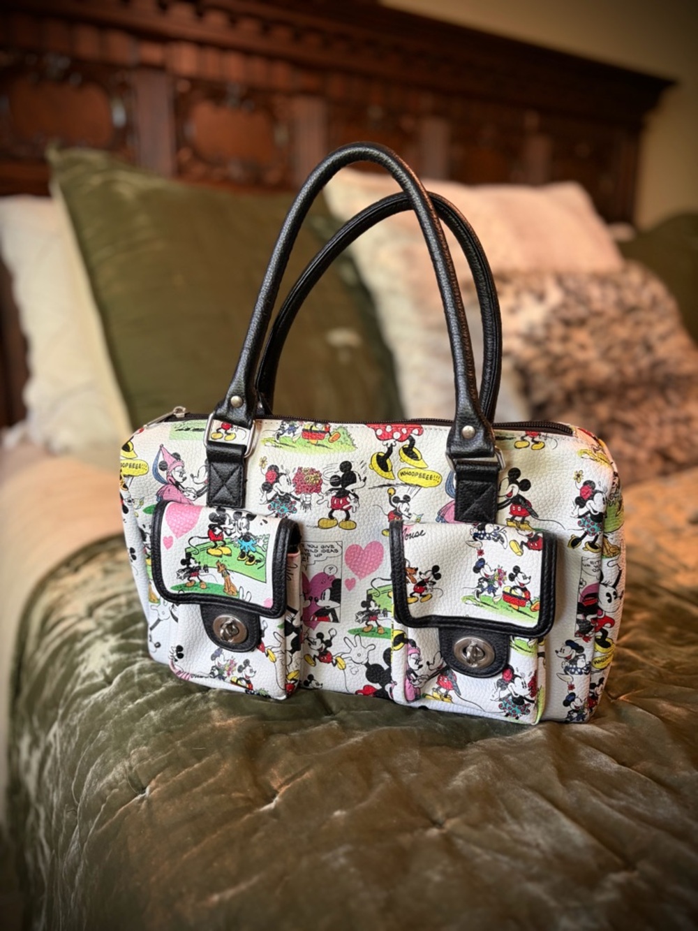 Disney White Mickey & Minnie Comic Strip Satchel with Black Trim